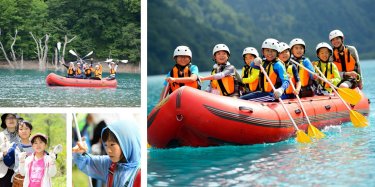 トヨタ白川郷自然學校　子ども向けプログラムのイメージ　エメラルドグリーンの白水湖でラフトボート体験、昆虫採集、親から離れて仲間と共に過ごす２週間キャンプなど