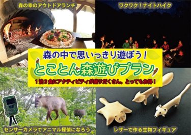 トヨタ白川郷自然學校の特典　森の中で思いっきり遊ぼう！とことん森遊びプラン　森の幸のアウトドアランチ　ワクワク！ナイトハイク　センサーカメラでアニマル探偵になろう　レザーで作る生物フィギュア
