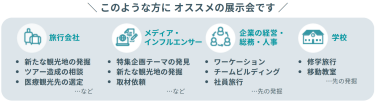 このような方にオススメの展示会です　旅行会社、メディア・インフルエンサー、企業の経営・総務・人事、学校